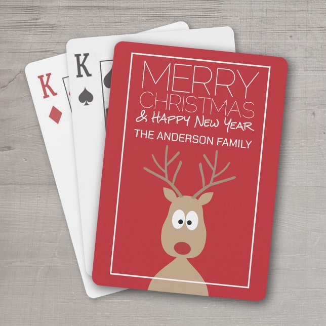 Niedlicher Cartoon Reindeer - Frohe Weihnachtsgrüß Spielkarten (Add a family name  to this set of personalized playing cards for the Christmas season.)