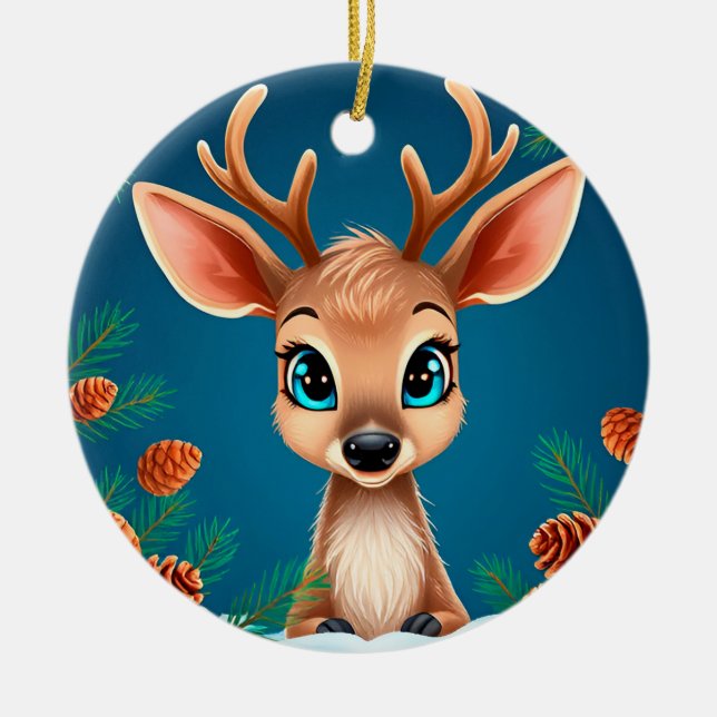 Niedlicher Cartoon-Rentier im Winter mit Pine Cone Keramik Ornament (Vorne)