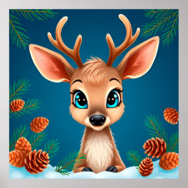 Niedlicher Cartoon-Rentier im Winter mit Pine Cone Poster