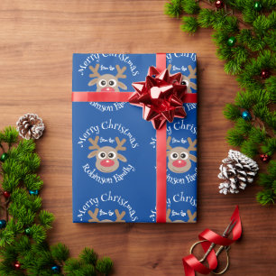 Niedlicher Cartoon Rentier Muster Fun Blauer Name Geschenkpapier
