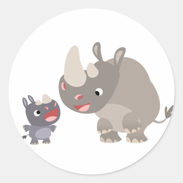 Niedlicher Cartoon Rhino Baby & Big Rhino Aufklebe Runder Aufkleber (Vorderseite)