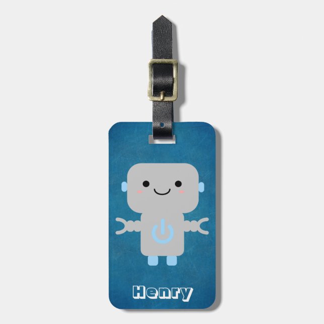 Niedlicher Cartoon Robot Blue mit Name Gepäckanhänger (Vorderseite vertikal)