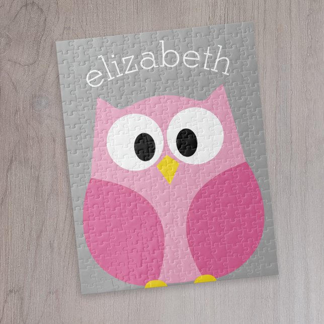 Niedlicher Cartoon - Rosa und Grau Individuelle Na (Cute whimsical owl personalized puzzle)