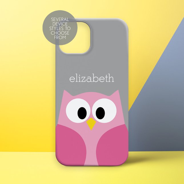 Niedlicher Cartoon - Rosa und Grau Individuelle Na iPhone 15 Hülle (Personalized Phone Case - Cute Cartoon Owl)
