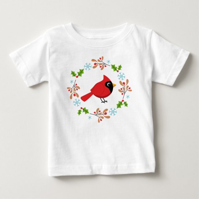 Niedlicher Cartoon Roter Kardinal mit Blume Baby T-shirt (Vorderseite)
