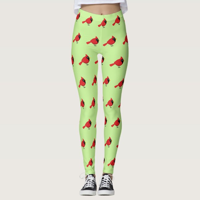 Niedlicher Cartoon Roter Kardinal mit Blume Leggings (Vorderseite)