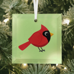 Niedlicher Cartoon Roter Kardinal mit Blume Ornament Aus Glas