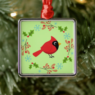 Niedlicher Cartoon Roter Kardinal mit Blume Ornament Aus Metall