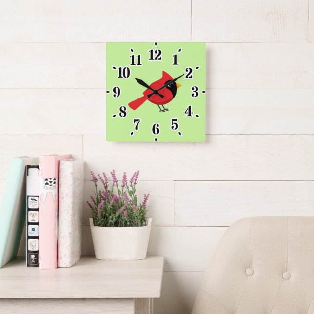 Niedlicher Cartoon Roter Kardinal mit Blume Quadratische Wanduhr (Lesesaal)
