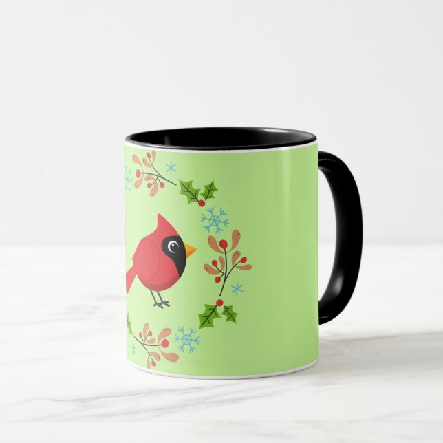 Niedlicher Cartoon Roter Kardinal mit Blume Tasse (VorderseiteRechts)
