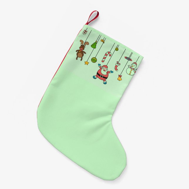 Niedlicher Cartoon Santa und Freunde auf grüner Mü Kleiner Weihnachtsstrumpf (Vorderansicht (hängend))
