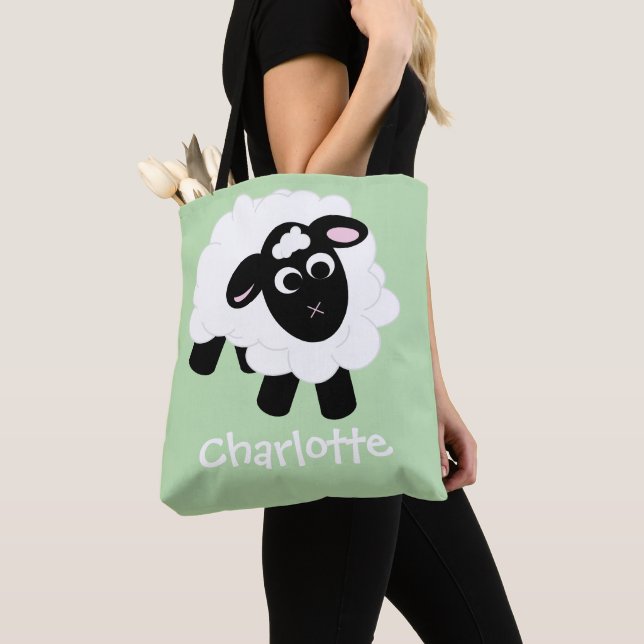Niedlicher Cartoon Schafe Name Green Tote Bag Tasche (Von Nahem)