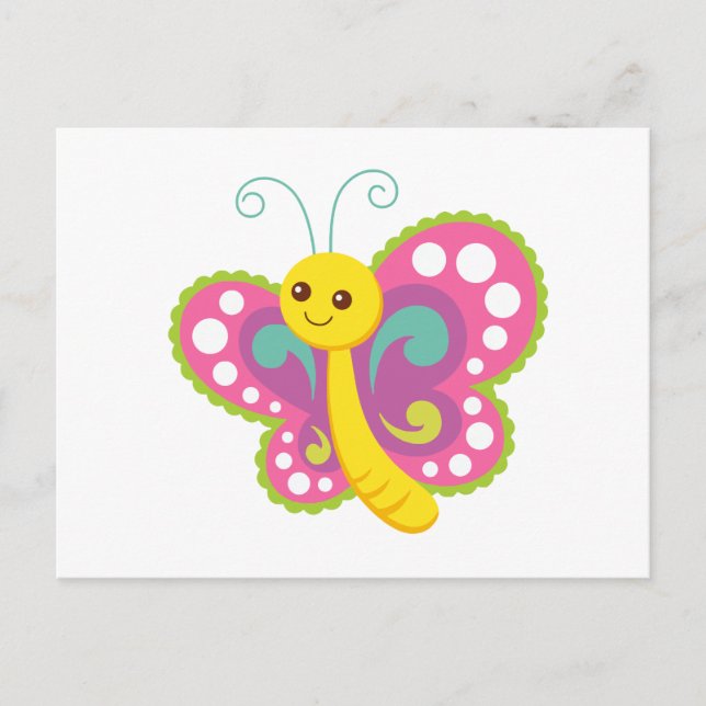 Niedlicher Cartoon Schmetterling, rosa, gelb, grün Postkarte (Vorderseite)