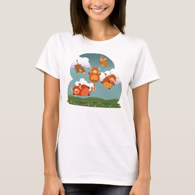 Niedlicher Cartoon Schwebende Kühe T - Shirt (Vorderseite)