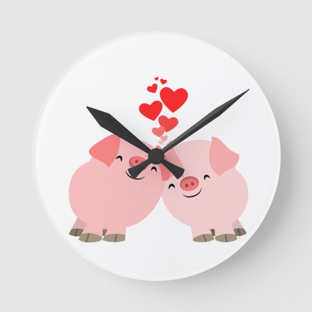 Niedlicher Cartoon Schweine in der Liebe Wall Cloc Runde Wanduhr (Vorderseite)