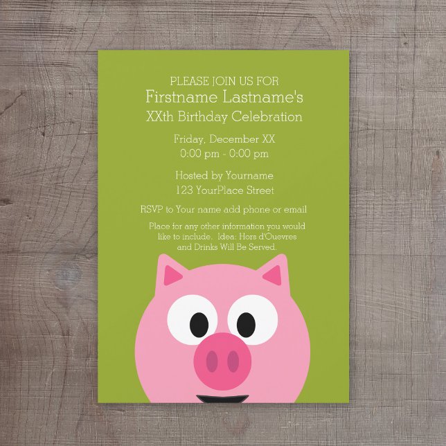Niedlicher Cartoon Schweinefleisch - Rosa und Kalk Einladung (Cute Birthday Party Invitation - cartoon pig)