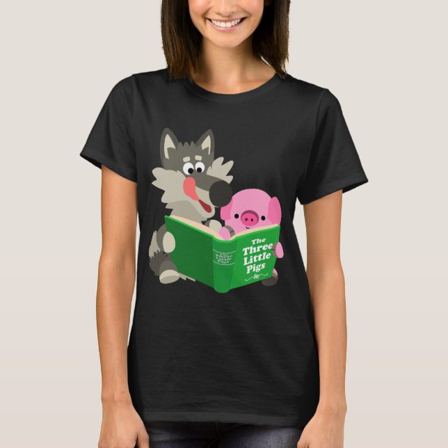 Niedlicher Cartoon Schweinefleisch und Wolf Lesen  T-Shirt (Vorderseite)