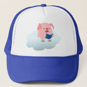 Niedlicher Cartoon-Schweineleser auf Cloud-Hat Truckerkappe