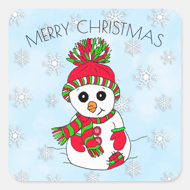 Niedlicher Cartoon Snowman Snowflake Weihnachten Quadratischer Aufkleber (Vorderseite)