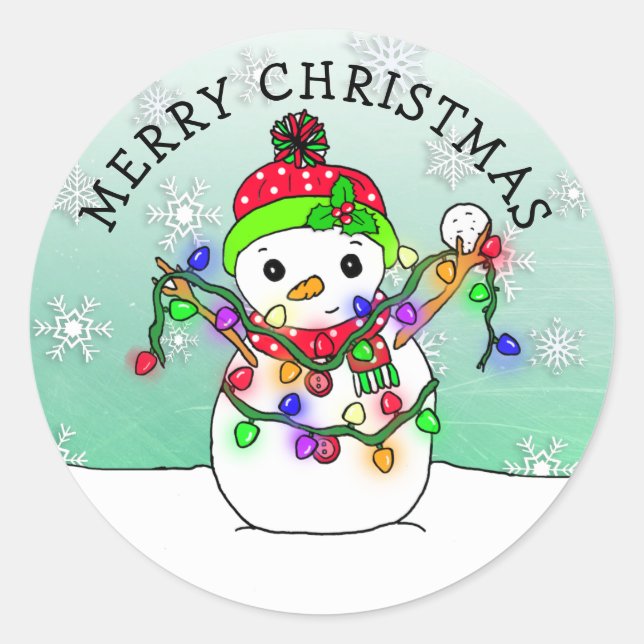 Niedlicher Cartoon Snowman Snowflake Weihnachten Runder Aufkleber (Vorderseite)
