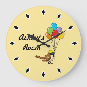 Niedlicher Cartoon-Sparrow mit Balloons-Kid-Name Große Wanduhr