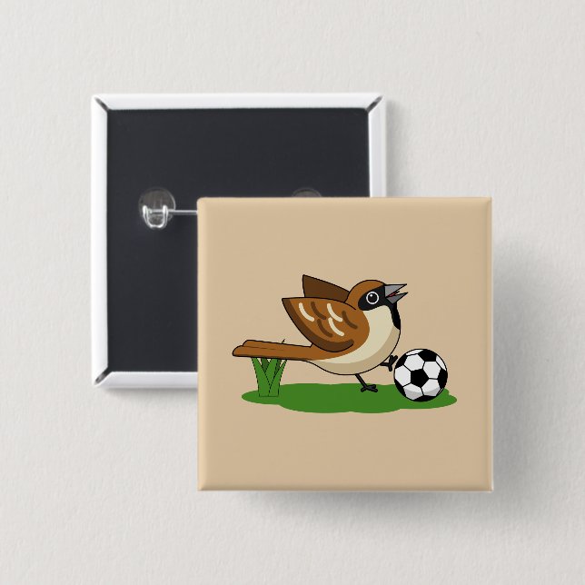 Niedlicher Cartoon-Spatz spielt Fußball Button (Vorne & Hinten)