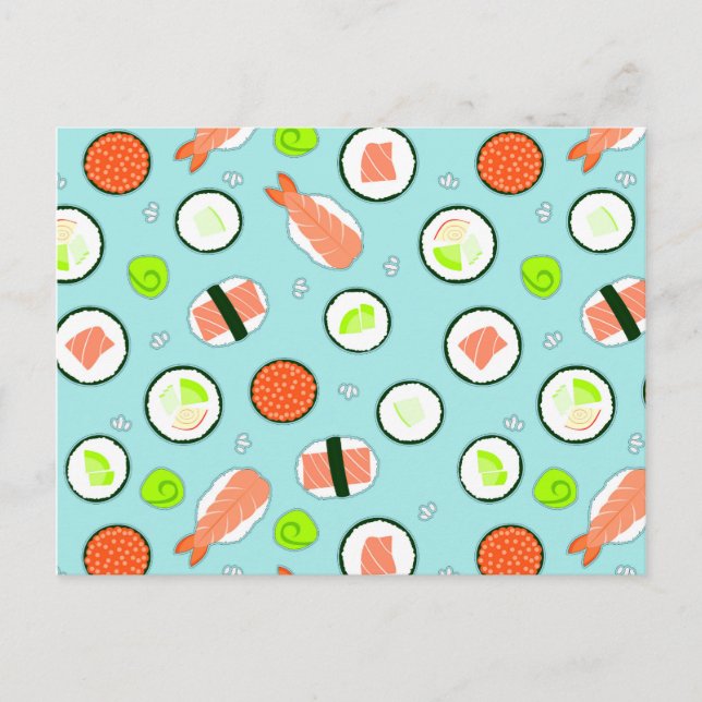 Niedlicher Cartoon Sushi Pattern Blau Postkarte (Vorderseite)
