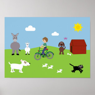 Niedlicher Cartoon Tiere & Boy Reiten Fahrrad Post Poster