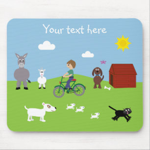 Niedlicher Cartoon Tiere & Boy Riding Bike Mousepa Mousepad