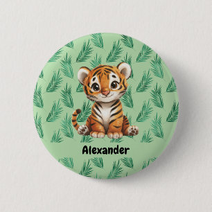 Niedlicher Cartoon Tiger über tropische Blätter Button