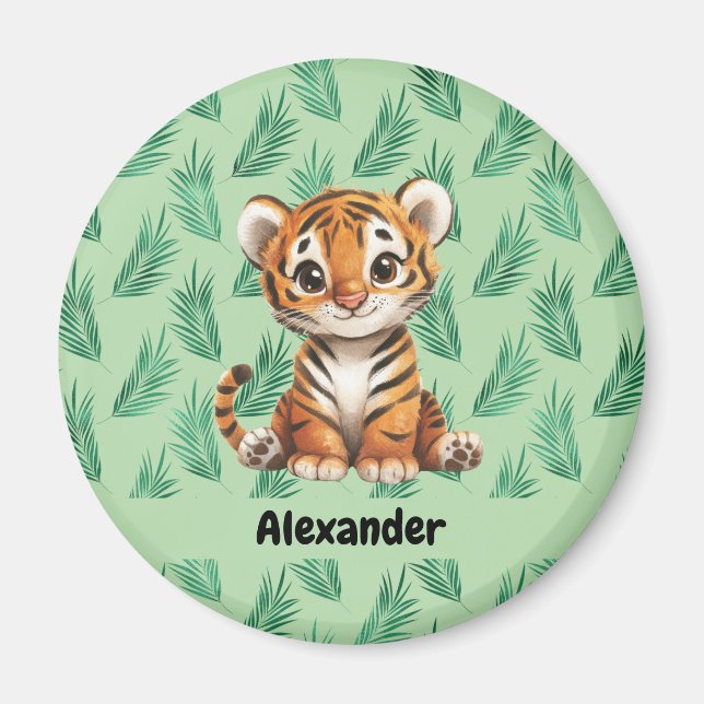 Niedlicher Cartoon Tiger über tropische Blätter Magnet (Vorne)