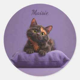 Niedlicher Cartoon Tortoiseshell Kitten auf Lila C Runder Aufkleber