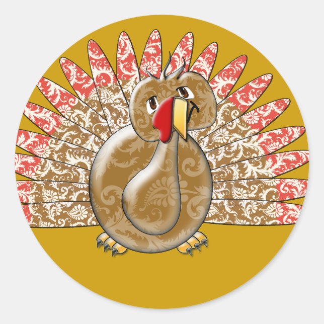 Niedlicher Cartoon Türkei Damask Muster Runder Aufkleber (Vorderseite)