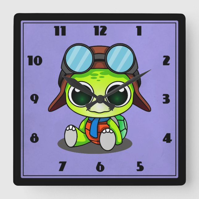 Niedlicher Cartoon Turtle in Aviator Hat Quadratische Wanduhr (Vorderseite)