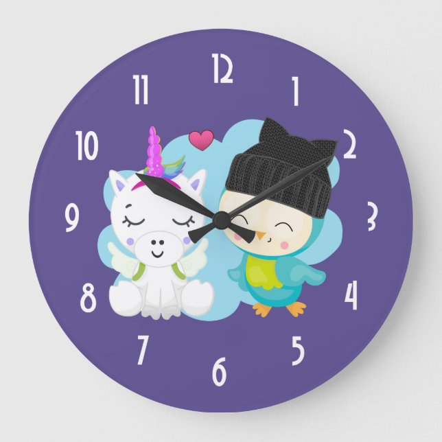 Niedlicher Cartoon Unicorn & Bird Pals Große Wanduhr (Vorderseite)