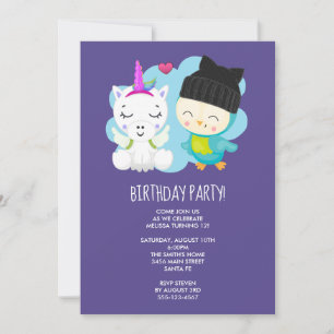 Niedlicher Cartoon Unicorn & Birdie Geburtstag Einladung