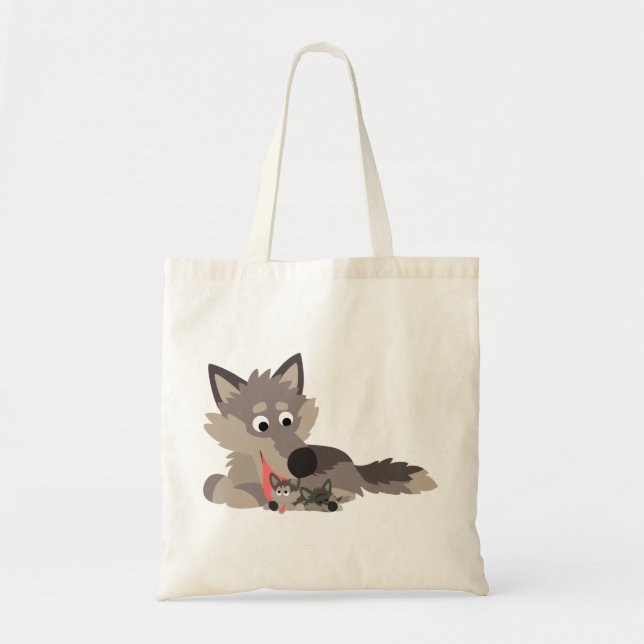 Niedlicher Cartoon Vater Wolf und Jungensack Tragetasche (Vorne)