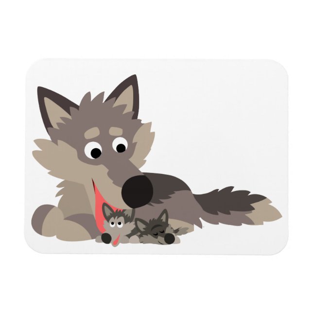 Niedlicher Cartoon Vater Wolf und Jungtiere Flexib Magnet (Horizontal)