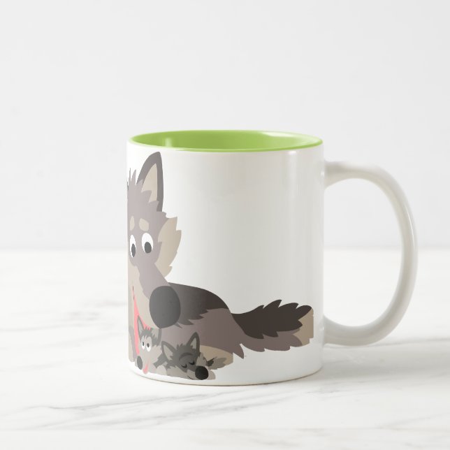 Niedlicher Cartoon-Vater-Wolf und Welpen-Tasse Zweifarbige Tasse (Rechts)