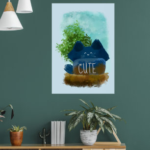 Niedlicher Cartoon Verborgene Fluffy Blue Cat Poster