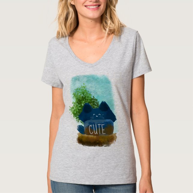 Niedlicher Cartoon Verborgene Fluffy Blue Cat T-Shirt (Vorderseite)