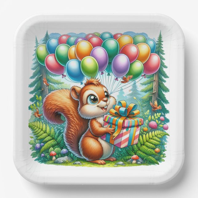 Niedlicher Cartoon Wasserfarbe Eichhörnchen Geburt Pappteller (Vorderseite)