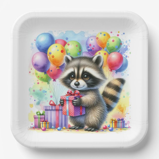 Niedlicher Cartoon Wasserfarbe Raccoon Geburtstag Pappteller (Vorderseite)