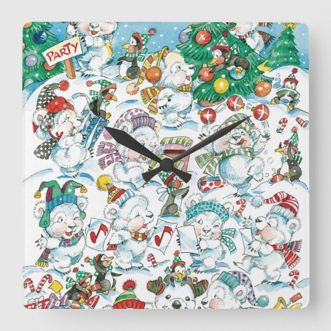 Niedlicher Cartoon Weihnachten Eisbär Penguin Part Quadratische Wanduhr (Vorderseite)
