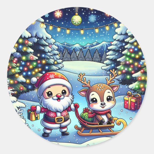 Niedlicher Cartoon Weihnachten und Reindei Runder Aufkleber (Vorderseite)