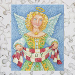 Niedlicher Cartoon Weihnachts Angel Halo mit Joy B<br><div class="desc">Vintage Darstellung eines religiösen Weihnachtsbildes mit einem schönen,  glücklichen Engel mit Halo,  einer Sternenkette und Flügeln,  die einen Schal mit dem Wort "Freude" tragen.</div>