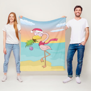 Niedlicher Cartoon Weihnachts-Flamingo am Strand Fleecedecke