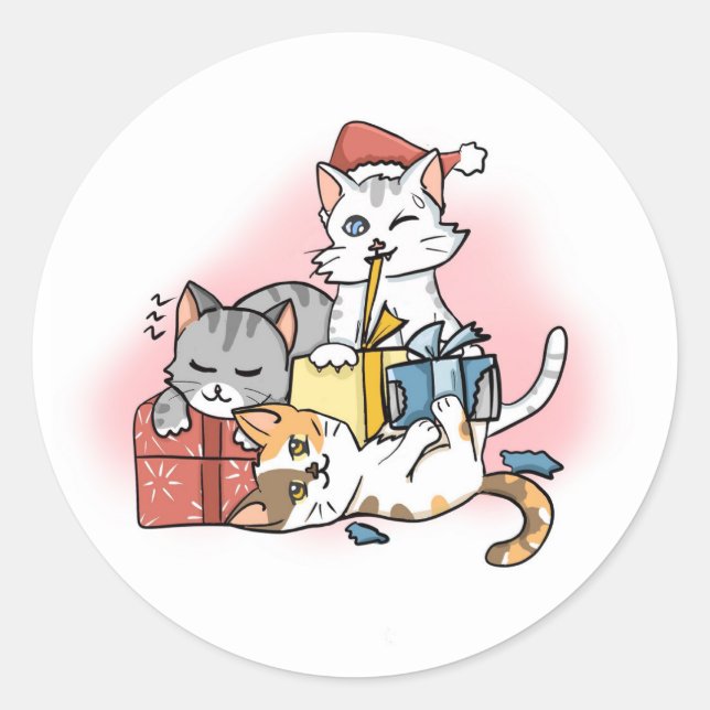 Niedlicher Cartoon Weihnachtskatzen spielen mit Ge Runder Aufkleber (Vorderseite)