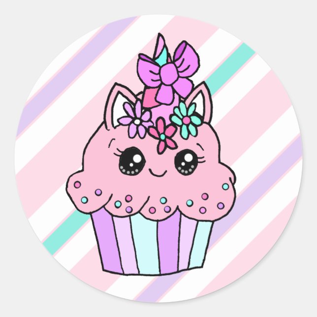Niedlicher Cartoon Whimsical Unicorn Cupcake Runder Aufkleber (Vorderseite)