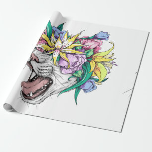 Niedlicher Cartoon Wildkatze Kopf in einem Blumenk Geschenkpapier